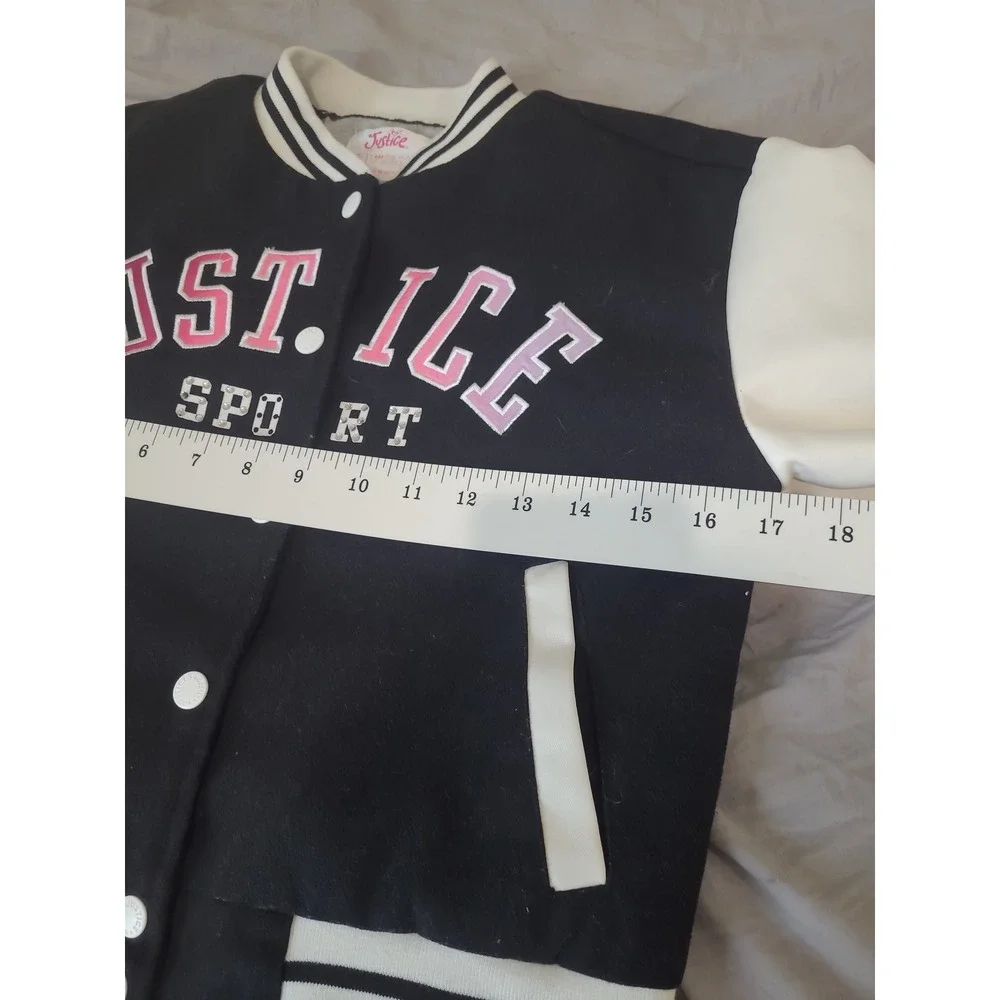 Justice Sport Girls SZ S (7/8) Varsity Style Jacket black white pink accent prep